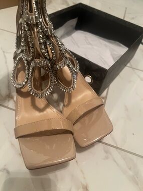 Patent Nude Gem-Embellished Evening Heel Sandals